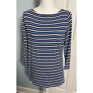 Jones New York Sport Blue Black White Striped Long Sleeve Tee Boat Neck M